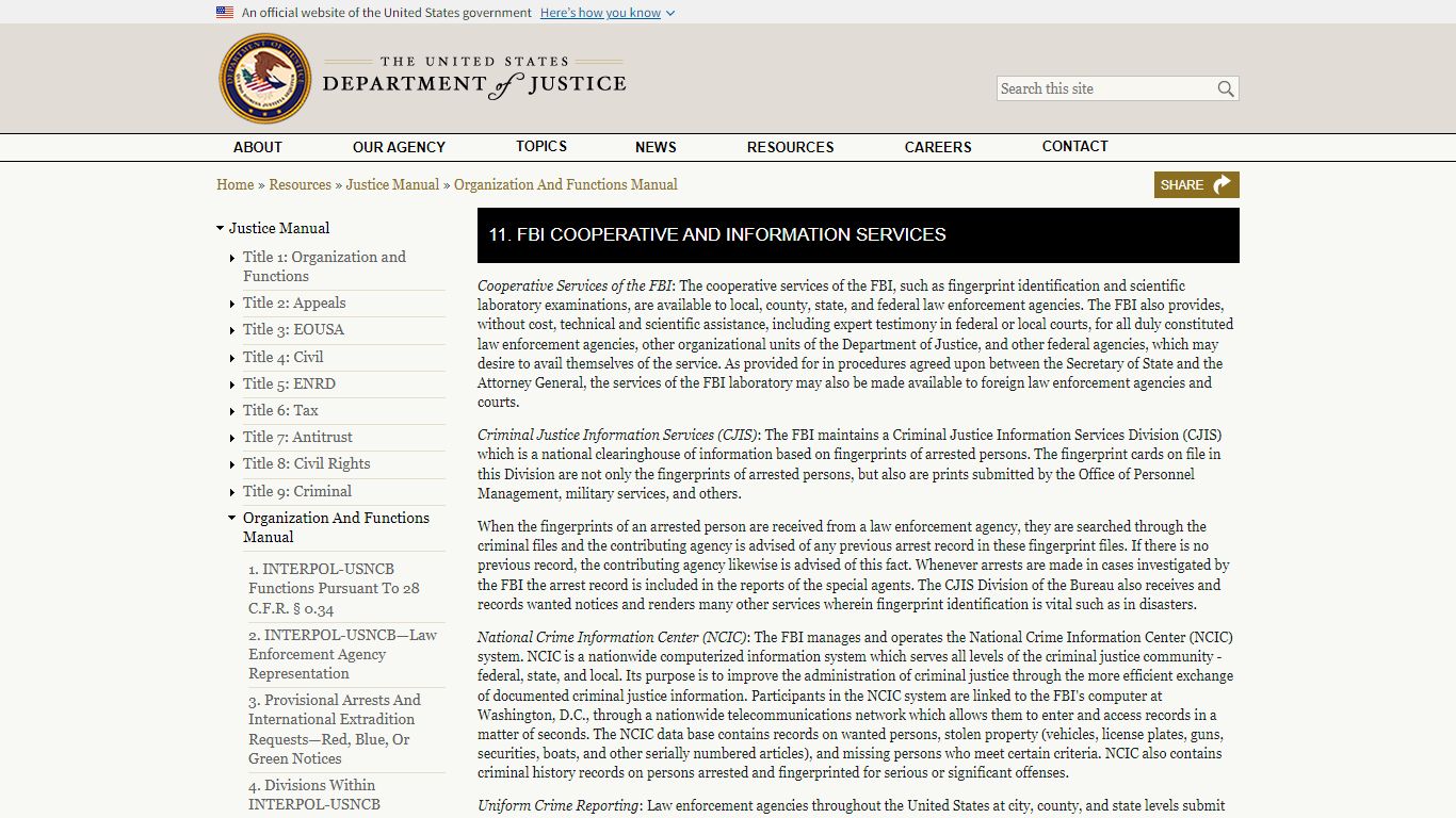 11. FBI Cooperative And Information Services | JM | Department of Justice